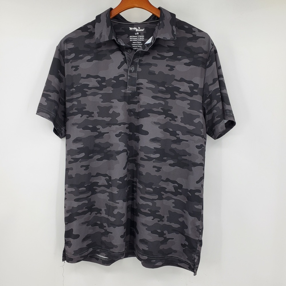 Birdie Bound Mens Grey Camo Performance Golf Polo Shirt Large Preppy Tech